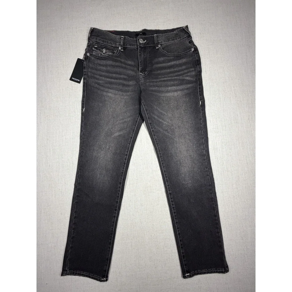 True Religion Geno Big T Flap Jeans Grey Wash Slim Fit Mens 34x32 NWT